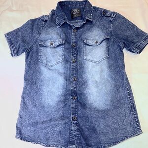 Denim-Inspired Blue Button-Down Shirt Acid Washed